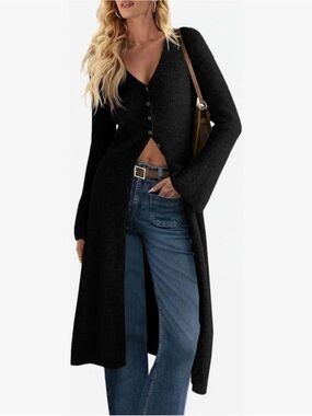 Black Long Button-Front V-Neck Knit Cardigan